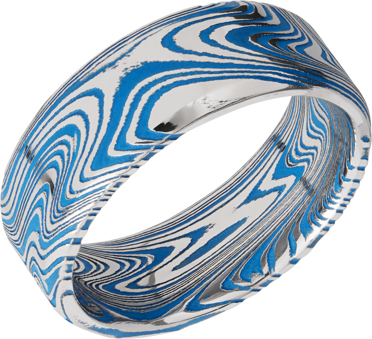 Marble Damascus steel 8mm beveled band with Ridgeway Blue Cerakote in the recessed pattern