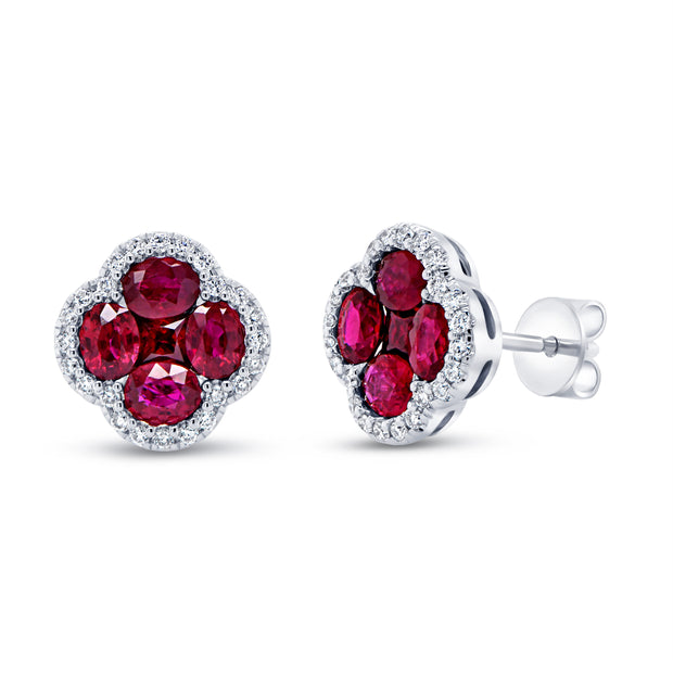Uneek Precious Collection Floral Oval Shaped Ruby Stud Earrings