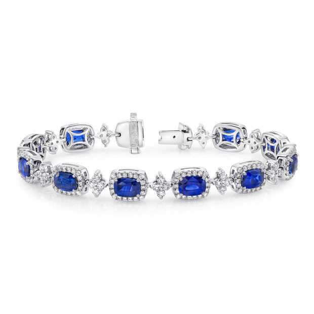 Uneek Cushion-Cut Sapphire Bracelet with Floret-Shaped Diamond Links