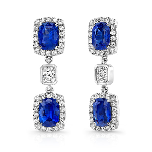 Uneek Cushion-Cut Blue Sapphire Earrings with Radiant Diamond Accents
