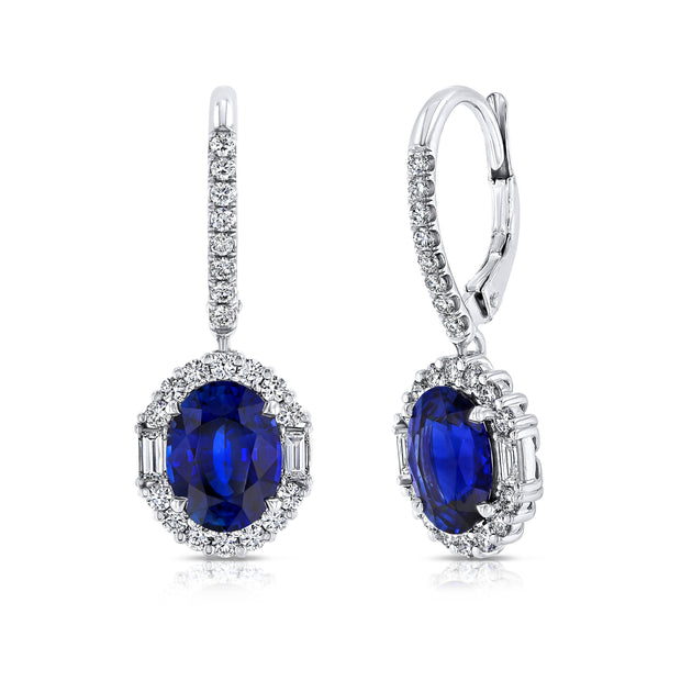 Uneek Oval Blue Sapphire Dangle Earrings with Round and Baguette Diamond Halos