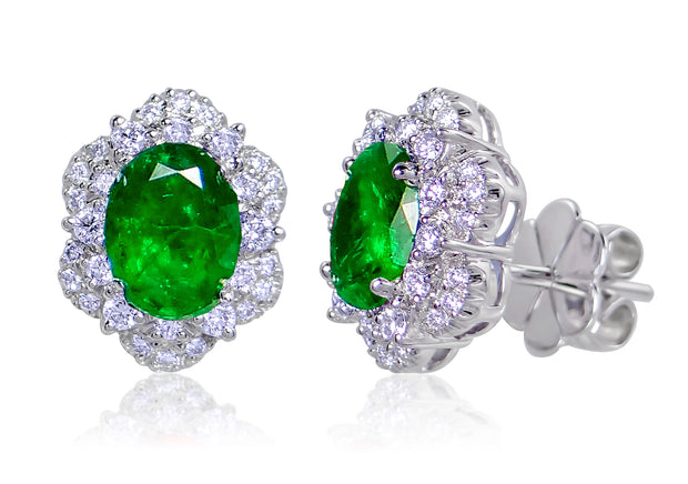 Uneek Oval Emerald Stud Earrings with Diamond Double Halos