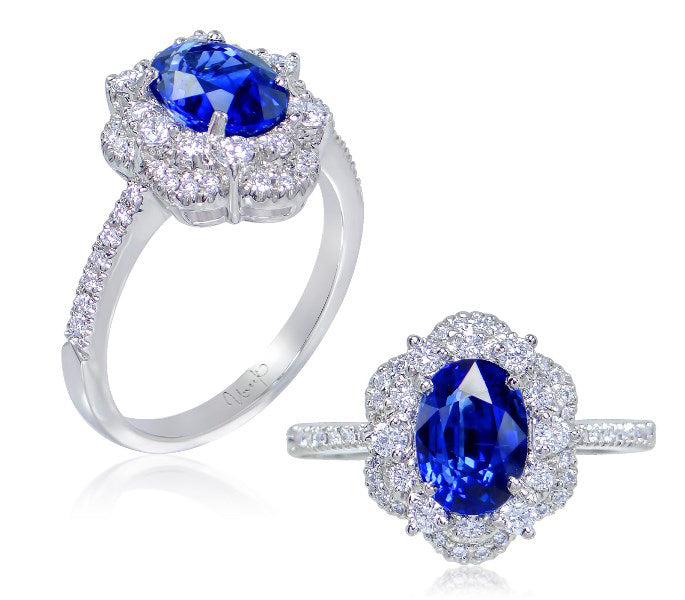 Uneek Oval Blue Sapphire Ring with Scalloped Diamond Double Halo and U-Pave Shoulders
