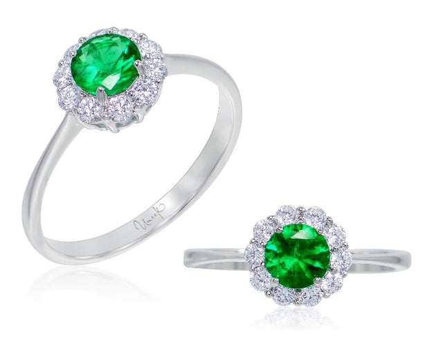 Uneek Round Emerald Ring with Scalloped Diamond Halo and Tapered Shank