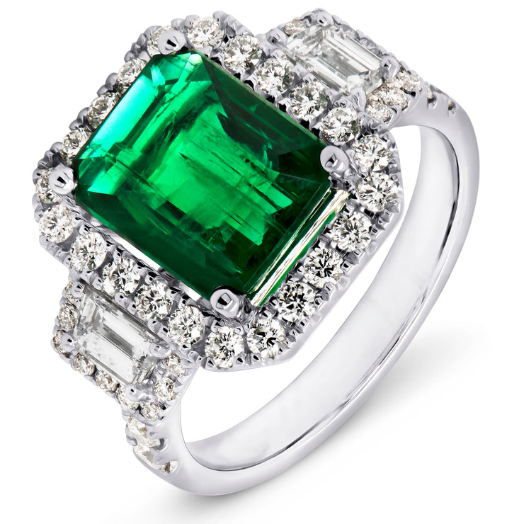 Uneek Precious Collection 3-Stone-Halo Emerald Cut Emerald Fashion Ring