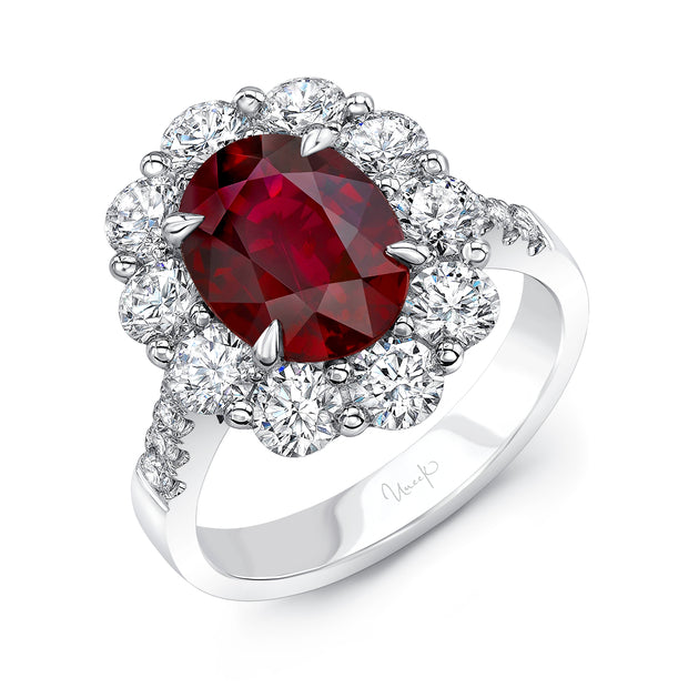 Uneek Precious Collection Halo Oval Shaped Ruby Engagement Ring