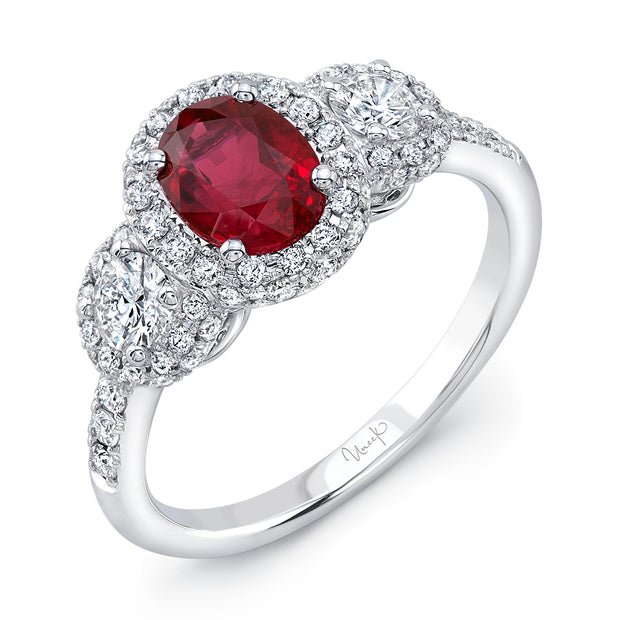 Uneek Precious Collection 3-Stone-Halo Oval Shaped Ruby Engagement Ring