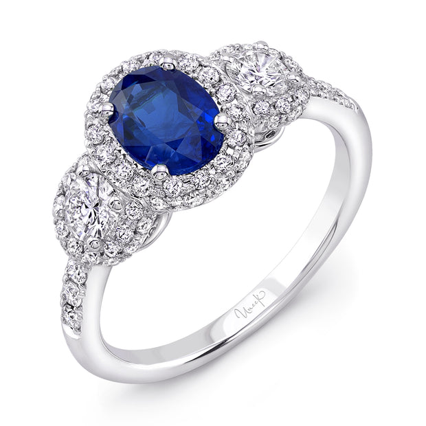 Uneek Oval Sapphire-Centered Three-Stone Engagement Ring with Round Diamond Sidestones