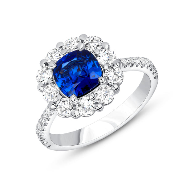 Uneek Cushion-Cut Blue Sapphire Ring with Scallop-Style Shared-Prong Diamond Halo
