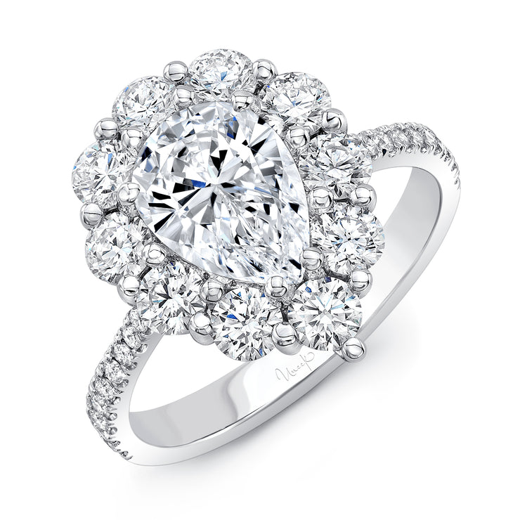 Uneek Pear-Shaped Diamond Engagement Ring with Scallop-Inspired Shared-Prong Round Diamond Halo