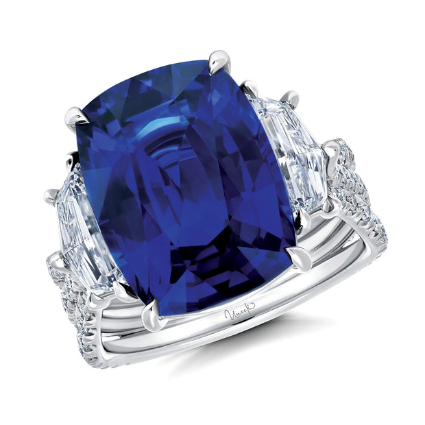 Uneek Precious Collection Three-Stone Cushion Cut Blue Sapphire Engagement Ring