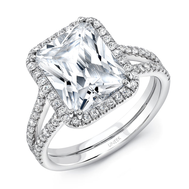 Uneek 4-Carat Emerald-Cut Fancy Light Yellow Diamond Halo Engagement Ring with Split Upper Shank