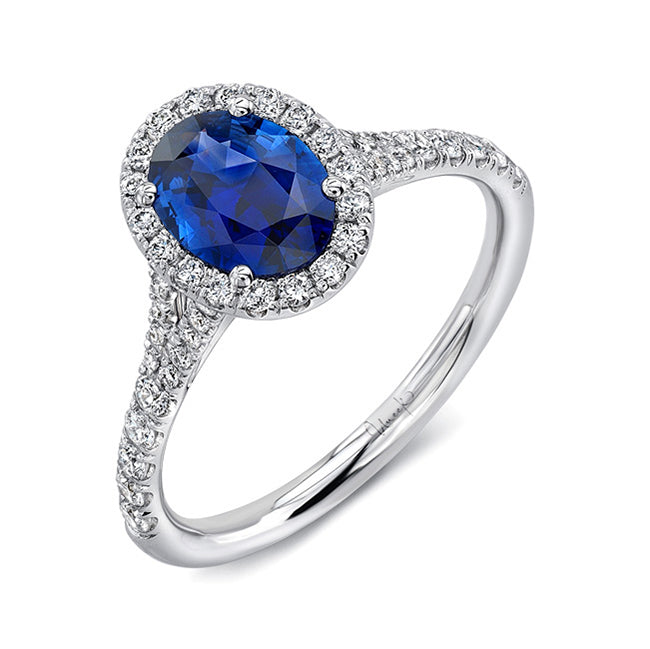 Uneek Petite Oval Blue Sapphire Ring with Diamond Halo and Split Upper Shank