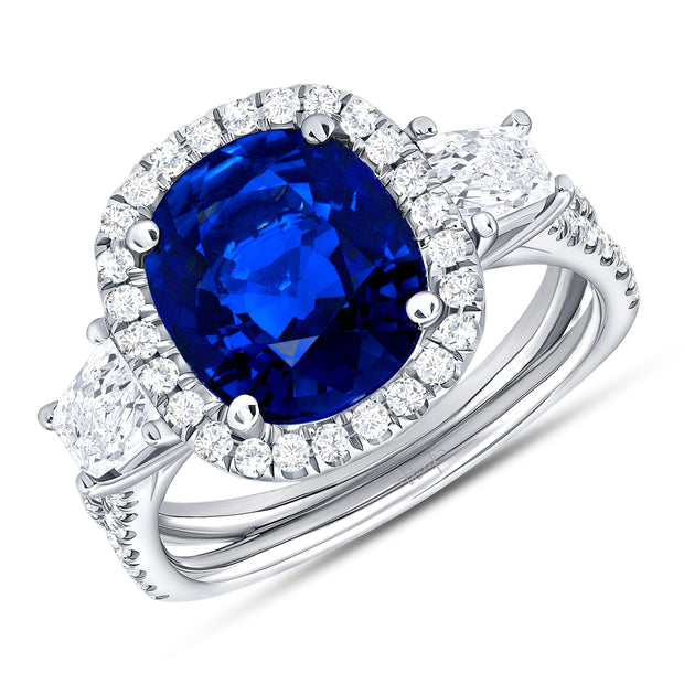 Uneek Sapphire-and-Diamond Three-Stone Engagement Ring with Cushion-Cut Center and Pave Double Shank