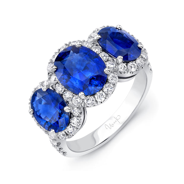 Uneek Oval Sapphire Three-Stone Three-Halo Engagement Ring