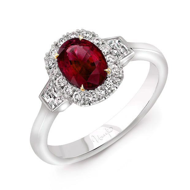 Uneek Oval Ruby and Trapezoid Diamond Three-Stone Ring