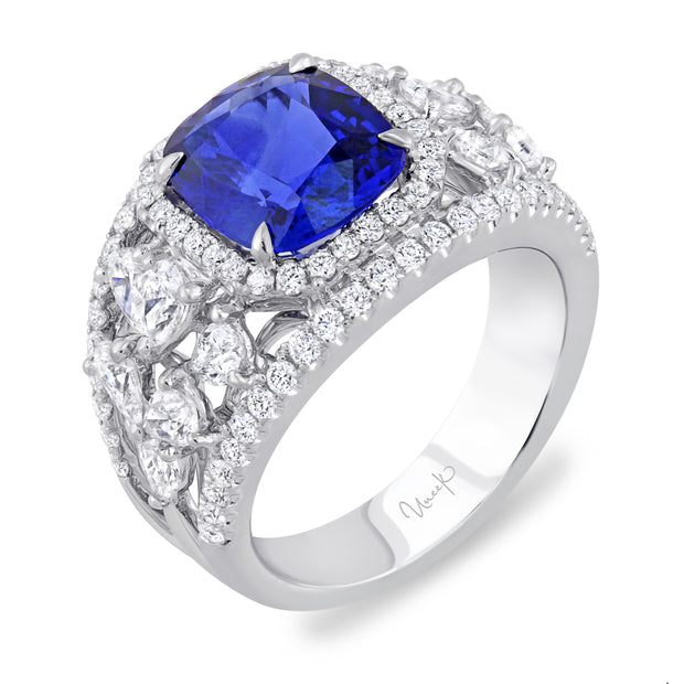 Uneek Cushion-Cut Sapphire Wide-Band Engagement Ring with Pear-Shaped Side Diamond Clusters