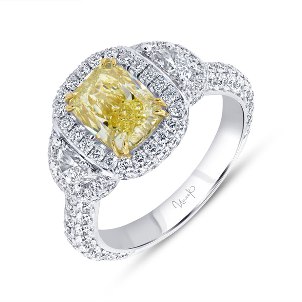 Uneek Natureal Collection 3-Stone-Halo Cushion Cut Fancy Light Yellow Diamond Engagement Ring