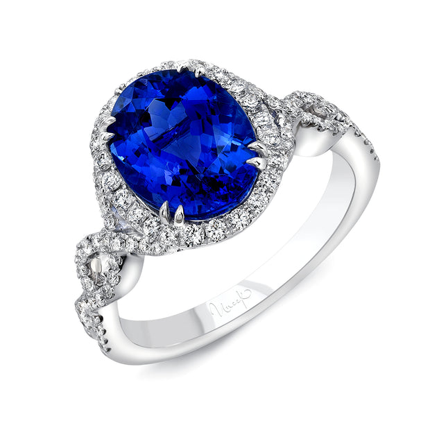 Uneek Oval Tanzanite Halo Engagement Ring with Ribbon-Style Crisscross Upper Shank