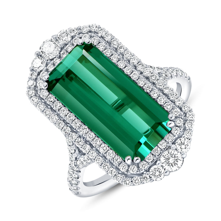 Uneek Precious Collection Double-Halo Elongated Cushion Cut Green Tourmaline Fashion Ring