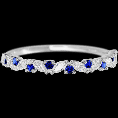 10K White Gold band with alternating 9 Round Sapphire and 8 Marquise Lab Grown Diamond having TCW-.38