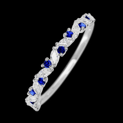 10K White Gold band with alternating 9 Round Sapphire and 8 Marquise Lab Grown Diamond having TCW-.38