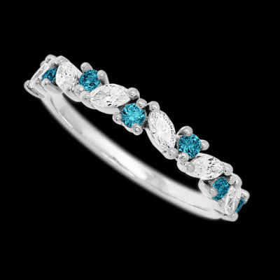 10K White Gold band with alternating 7 Round Ocean Blue Diamond and 6 Marquise Lab Grown Diamond having TCW-.81