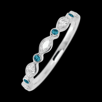 10K White Gold band with alternating 4 Round Ocean Blue Diamond and 5 Marquise Lab Grown Diamond having TCW-.56