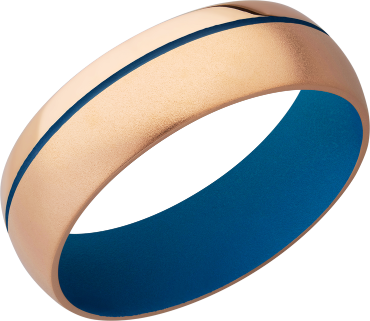14K Rose Gold 7mm domed band with a .5mm off-centered groove featuring Sky Blue Cerakote