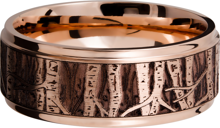 14K Rose gold 9mm flat band with grooved edges and a laser-carved aspen treeline