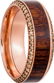 14k Rose Gold 8.5mm beveled band with an inlay of exotic Natcoco hardwood and eternity chocolate diamond accents