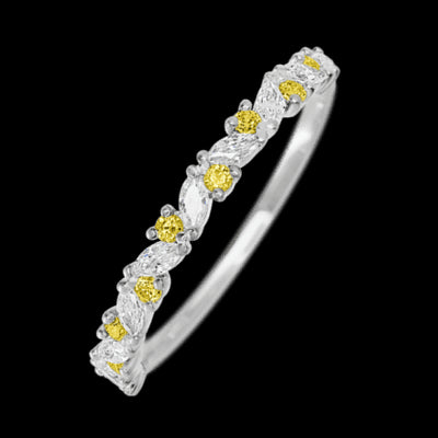 14K White Gold band with alternating 9 Round Yellow Sapphire and 8 Marquise Lab Grown Diamond having TCW-.38