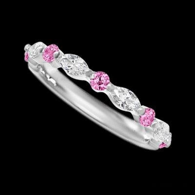 14K White Gold band with alternating 5 Round Pink Sapphire and 4 Marquise Lab Grown Diamond having TCW-.85