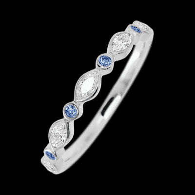 14K White Gold band with alternating 4 Round Denim Sapphire and 5 Marquise Lab Grown Diamond having TCW-.56