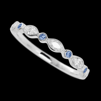 14K White Gold band with alternating 4 Round Denim Sapphire and 5 Marquise Lab Grown Diamond having TCW-.56