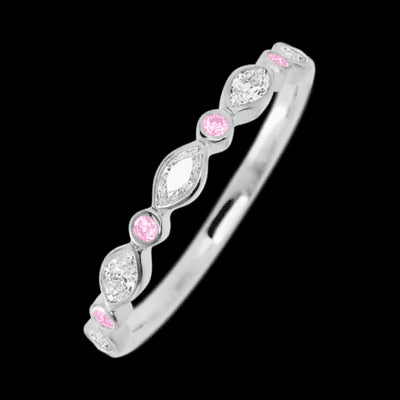14K White Gold band with alternating 4 Round Light Pink Sapphire and 5 Marquise Lab Grown Diamond having TCW-.56