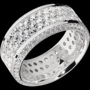 10 mm wide/High Bevel/14K White Gold band with a Bevel Eternity arrangement of .01 carat Round Diamond stones in a Bead setting and featuring a a 3 Row Eternity arrangement of .03 carat Round Diamond stones in a Bead Channel setting