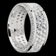 10 mm wide/High Bevel/14K White Gold band with a Bevel Eternity arrangement of .01 carat Round Diamond stones in a Bead setting and featuring a a 3 Row Eternity arrangement of .03 carat Round Diamond stones in a Bead Channel setting