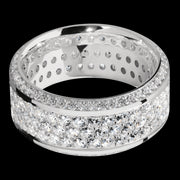 10 mm wide/High Bevel/14K White Gold band with a Bevel Eternity arrangement of .01 carat Round Diamond stones in a Bead setting and featuring a a 3 Row Eternity arrangement of .03 carat Round Diamond stones in a Bead Channel setting