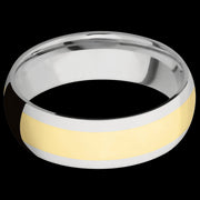7 mm wide/Domed/14K White Gold band with one 4 mm Centered inlay of 14K Yellow Gold.