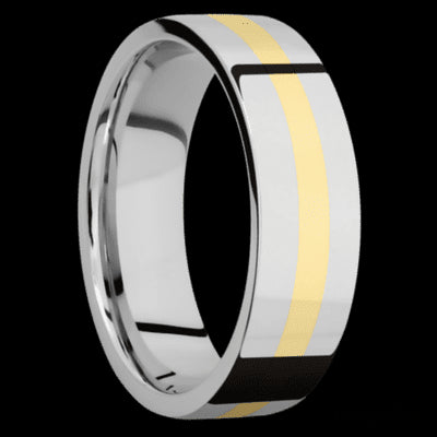 7 mm wide/Flat/14K White Gold band with one 2 mm Centered inlay of 14K Yellow Gold.