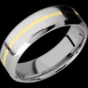 7 mm wide/High Bevel/14K White Gold band with one 1 mm Centered inlay of 14K Yellow Gold.
