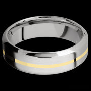 7 mm wide/High Bevel/14K White Gold band with one 1 mm Centered inlay of 14K Yellow Gold.