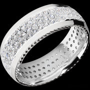 8 mm wide/Domed/14K White Gold band with  two 1 mm Sidebraid inlays of 14K White Gold and featuring a 3 Row Eternity arrangement of .015 carat Round Diamond stones in a Bead Channel setting