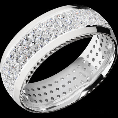 8 mm wide/Domed/14K White Gold band with  two 1 mm Sidebraid inlays of 14K White Gold and featuring a 3 Row Eternity arrangement of .015 carat Round Diamond stones in a Bead Channel setting