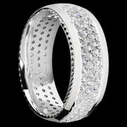 8 mm wide/Domed/14K White Gold band with  two 1 mm Sidebraid inlays of 14K White Gold and featuring a 3 Row Eternity arrangement of .015 carat Round Diamond stones in a Bead Channel setting