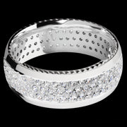 8 mm wide/Domed/14K White Gold band with  two 1 mm Sidebraid inlays of 14K White Gold and featuring a 3 Row Eternity arrangement of .015 carat Round Diamond stones in a Bead Channel setting
