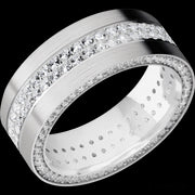 8 mm wide/Flat/14K White Gold band with a Side Eternity arrangement of .01 carat Round Diamond stones in a Bead Channel setting and featuring a a 2 Row Eternity arrangement of .015 carat Round Diamond stones in a Bead Channel setting