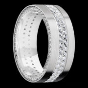 8 mm wide/Flat/14K White Gold band with a Side Eternity arrangement of .01 carat Round Diamond stones in a Bead Channel setting and featuring a a 2 Row Eternity arrangement of .015 carat Round Diamond stones in a Bead Channel setting