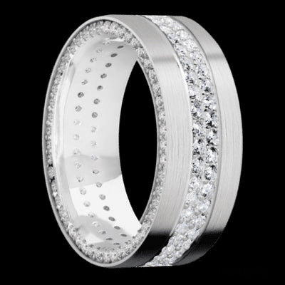 8 mm wide/Flat/14K White Gold band with a Side Eternity arrangement of .01 carat Round Diamond stones in a Bead Channel setting and featuring a a 2 Row Eternity arrangement of .015 carat Round Diamond stones in a Bead Channel setting